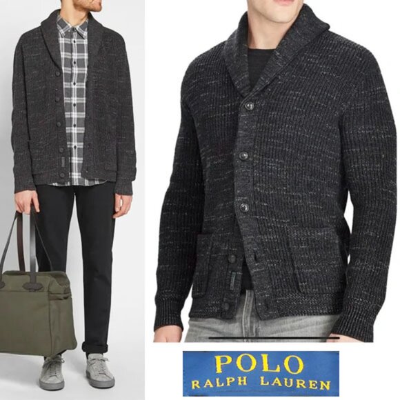Polo Ralph Lauren Mens Shawl Collar Knit Retro Cardigan Sweater Charcoal L NWT - Picture 1 of 11